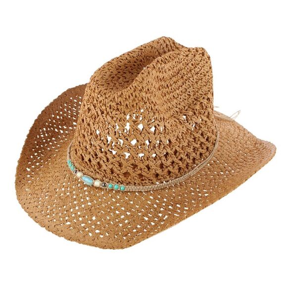 CTM Women's Braided Bead Straw Cowboy Hat - Picture 2 of 4